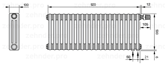 Схема (чертеж) Радиатор Zehnder Charleston 3050/20 №V002 Белый глянцевый RAL 9016